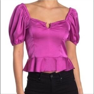 WAYF Blouse Large pink ruffle Sweetheart notch peplum Puff Sleeve Top NWT